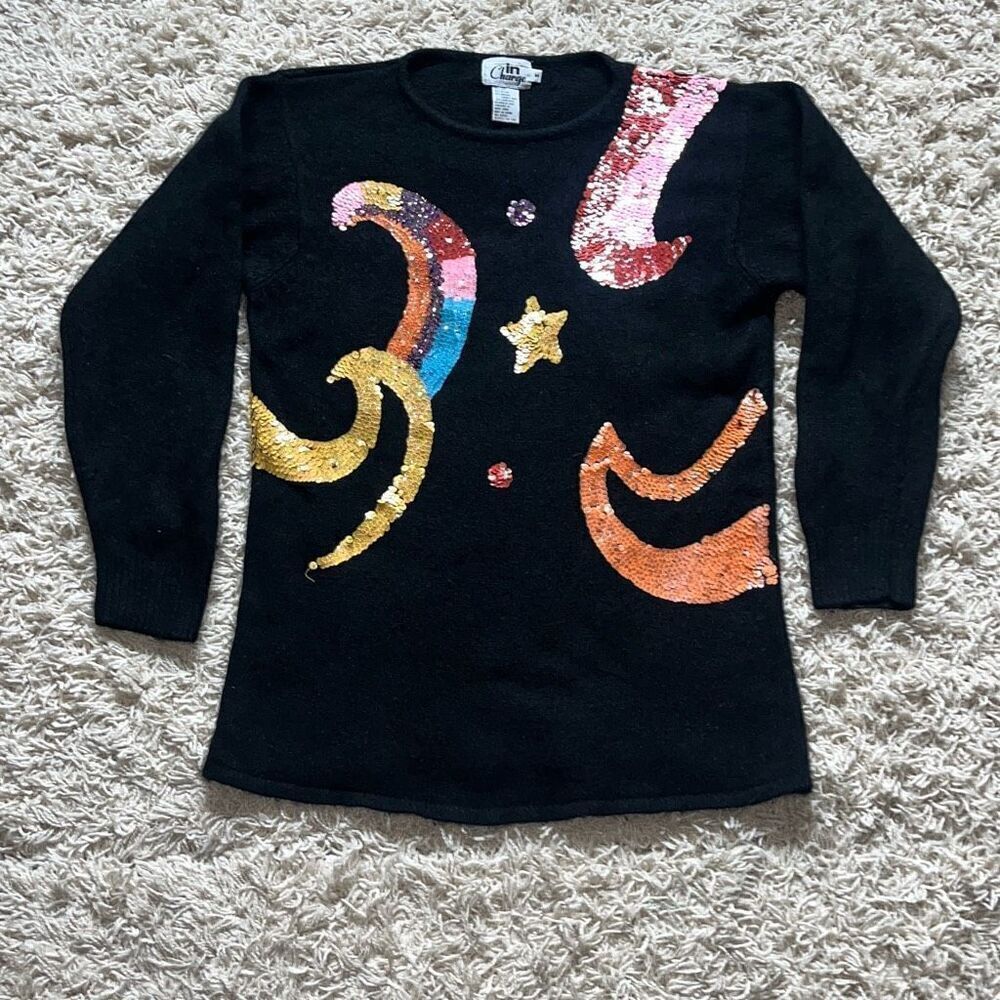 Vintage In Charge Sequin Cosmic Star Moon Silk Angora, and Lambswool Sweater Wom
